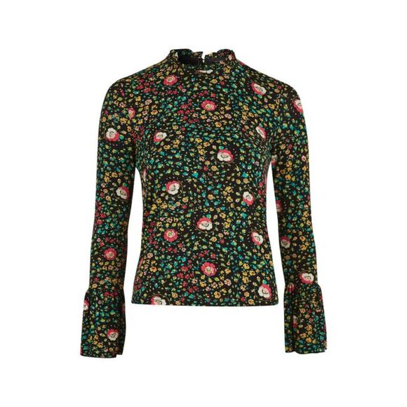 Topshop Floral Bell Sleeve Stretch Knit Boho Top Sz 2, Tie Back Hippie Whimsical - Picture 1 of 10